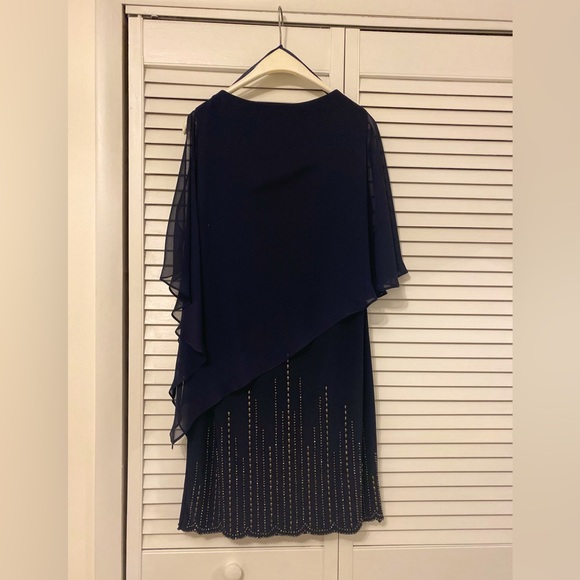 Navy Blue Beaded Dress with Cape - Picture 2 of 4